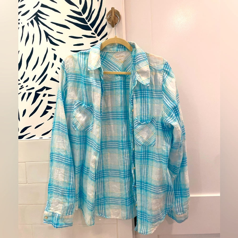 Lilly Pulitzer sea view Linen Button down size XL blue Ibiza beach day plaid